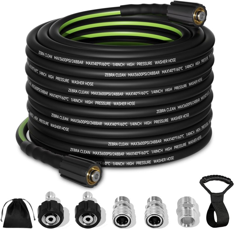 Zebra Clean Pressure Washer Hose 50 FT x 1/4''，3600 PSI Kink Resistant Power Washer Hose Replacement– Universal Electric Power Washer Hose with Leak-Free M22 Female and 3/8" Quick Connection Kit - Image 1